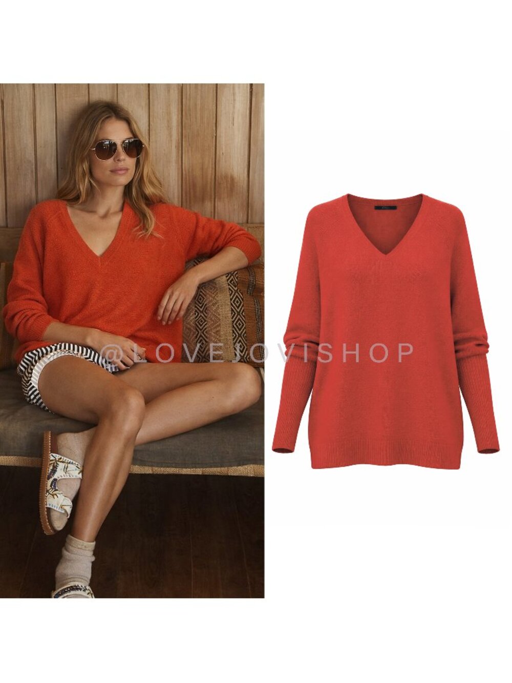 Sweater | Cashmere Blend V Neck Pullover Blood Orange Red M | J Brand Luxe Light